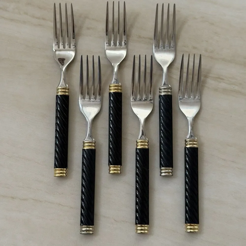 25pc MIKASA Braid-Onyx Laslo Flatware Set Black HDL Metallics Gold Acc., Stnls